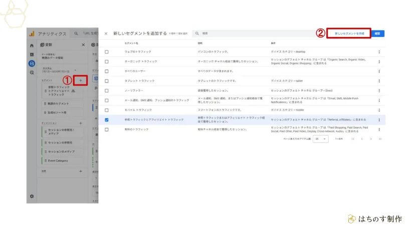 GA4（Google Analytics 4）のカスタムレポートで、新しいセグメントを作成する画面