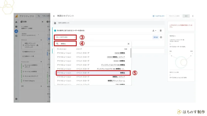 GA4（Google Analytics 4）のカスタムレポートで、新しいセグメントを作成する過程で、「新しい条件を追加」をクリックし、検索窓に「参照元」と入力して、手順⑤で示されている項目を選択する画面