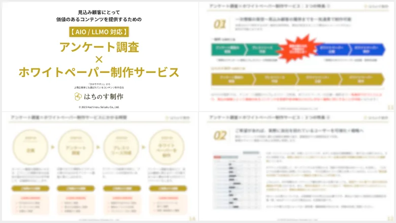 「【AIO/LLMO対応】アンケート調査×ホワイトペーパー制作サービス」の資料イメージ