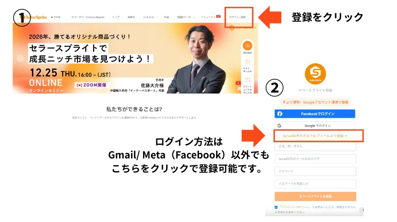 SellerSprite公式サイトの登録手順。右上の「ログイン/登録」ボタンと、氏名・メールアドレス・パスワードを入力する登録フォームを矢印で示している