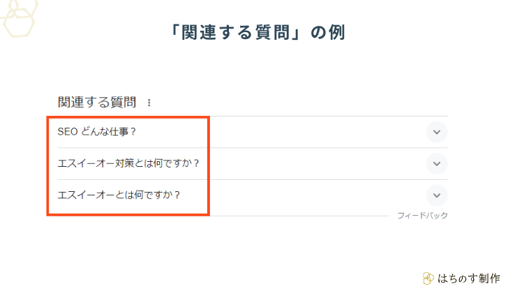 関連する質問の例（「SEO」での検索時に表示された関連する質問）