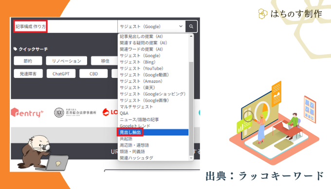 ラッコキーワードで「記事構成 作り方」で検索し、「見出し抽出」をしようとしているところ