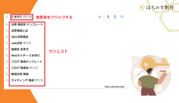 Googleの検索窓に「記事構成 作り方」と入力し、表示されたサジェストキーワード（検索候補キーワード）