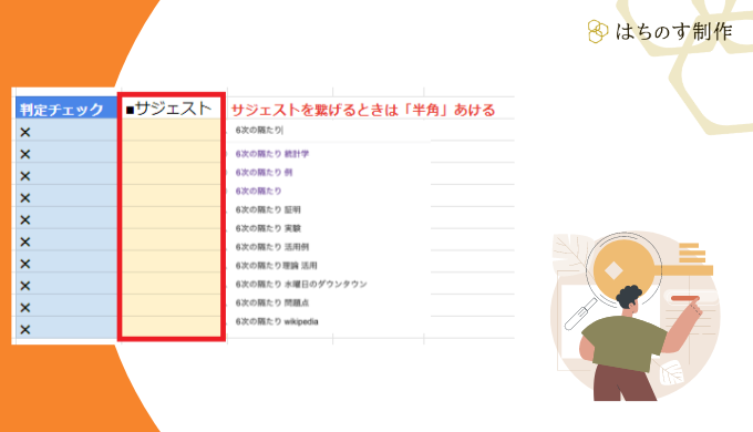 「記事構成 作り方」のサジェストキーワードをスプレッドシートに転記する様子