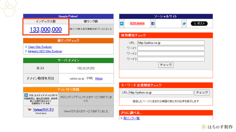 SEOチェキ!でインデックス数が表示されている箇所